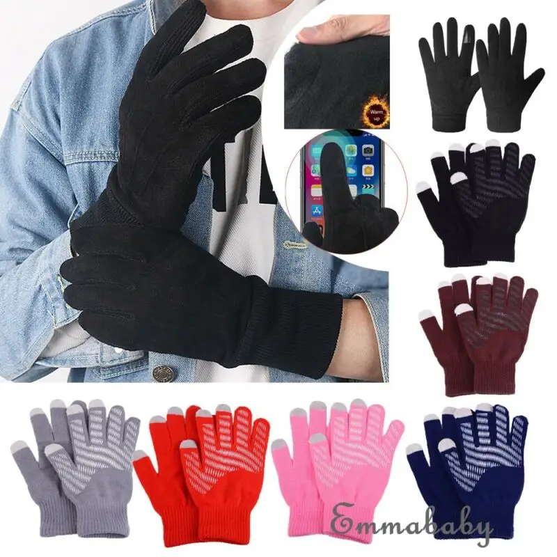 Зимние теплые емкостные вязаные перчатки унисекс для рук с сенсорным экраном