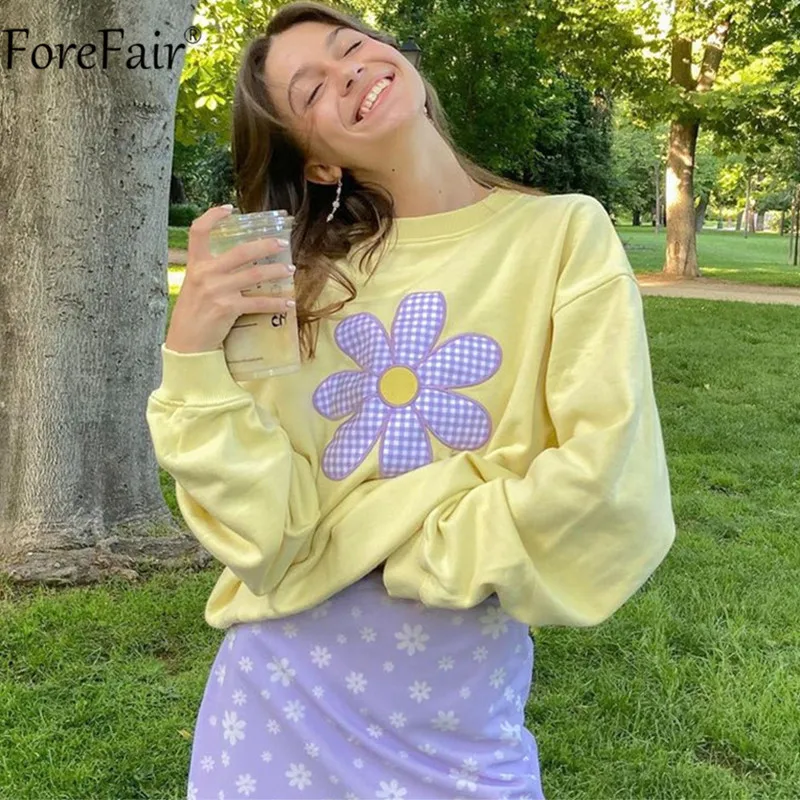 

Forefair Women O Neck Loose Sweatshirt Autumn Winter Fashion Folral Casual Jumper 2021 Oversized Streetwear Y2k Pullovers