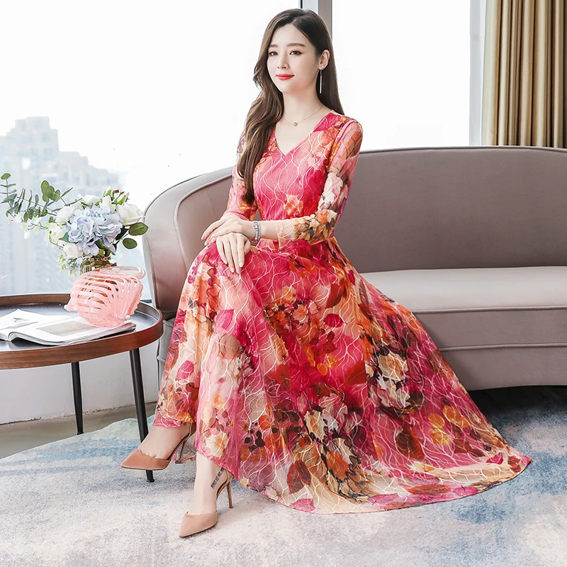 

High Quality Plus Size M-3XL 2020 Spring New Arrival Hot Sale Flower Embroidery V Collar Long Sleeve Woman Chiffon Long Dress
