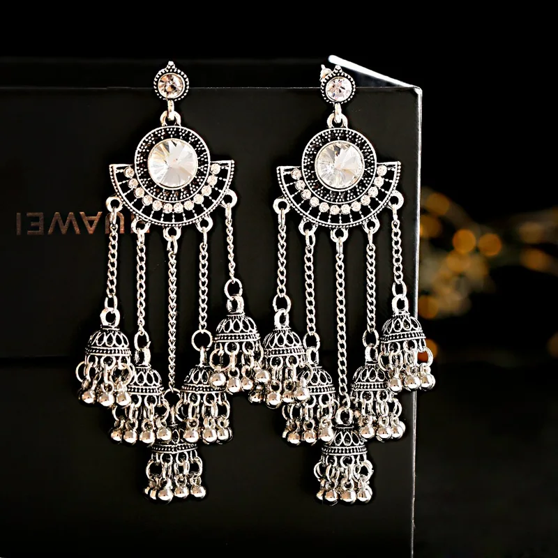 

Women's Indian Jhumka Earrings Gold Sliver Color Big Bells Drop Long Tassel Hanging Earring For Women Boho Gypsy Jewelry