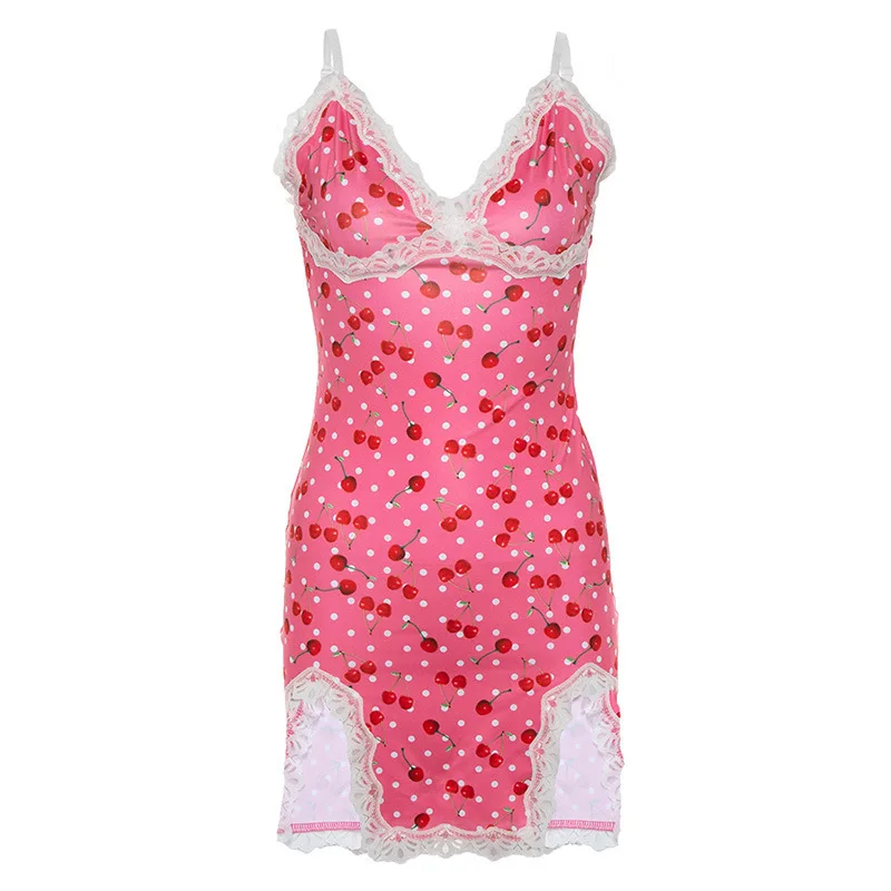 

Pink Cute Girl Mini Vestidos Summer Women Lace Up Cherry Dot Print Sexy Dress 2021 New Fashion Sleeveless V Neck Bodycon Dresses