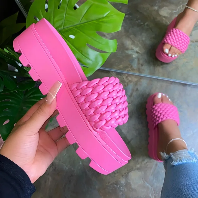 

Fashion Summer Slippers Women Sandals New Solid Color Open Toe Woven Sandals Heel Thick Sandals Outdoor Beach Women's Sandals