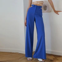 2022new thin trousers loose wide leg pants blue hollow sexy female fashion casual trend high waist stretch office lady pants