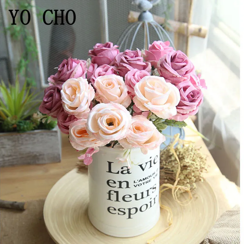 YO CHO 6 головок шелковые розы искусственные цветы букет красные невесты свадебные