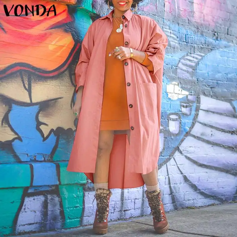 

Women Holiday Shirts 2021 VONDA Casual Solid Color Button Up Long Sleeve Long Shirts Female Sexy Lapel Collar Pleated Tops Femme