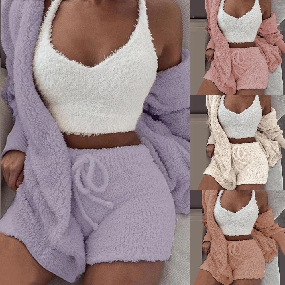 

Winter Fur 3 Piece Vest + Coat + Shorts Three-piece suit Femme Sweatsuit Tops Women Set Top and High Waist Pants Home service