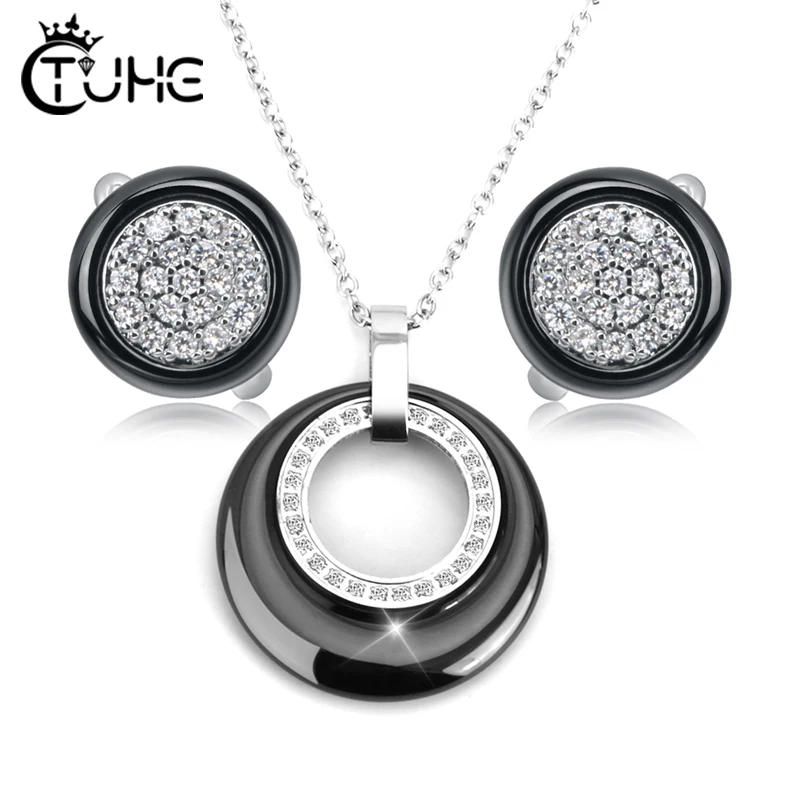 2019 Fashion Women Jewelry Sets Black White CZ Crystal Female Never Fade Ceramic Pendant Necklace Earrings | Украшения и