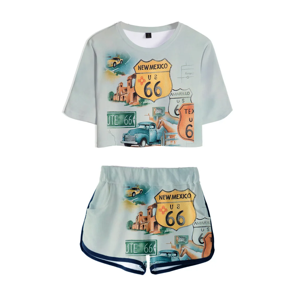 

Hot Summer Hip Hop Girl Harajuku Street Mother Road Clothes New Arrival Route 66 Women Two Piece Set Shorts+Crop Tops T-shirt