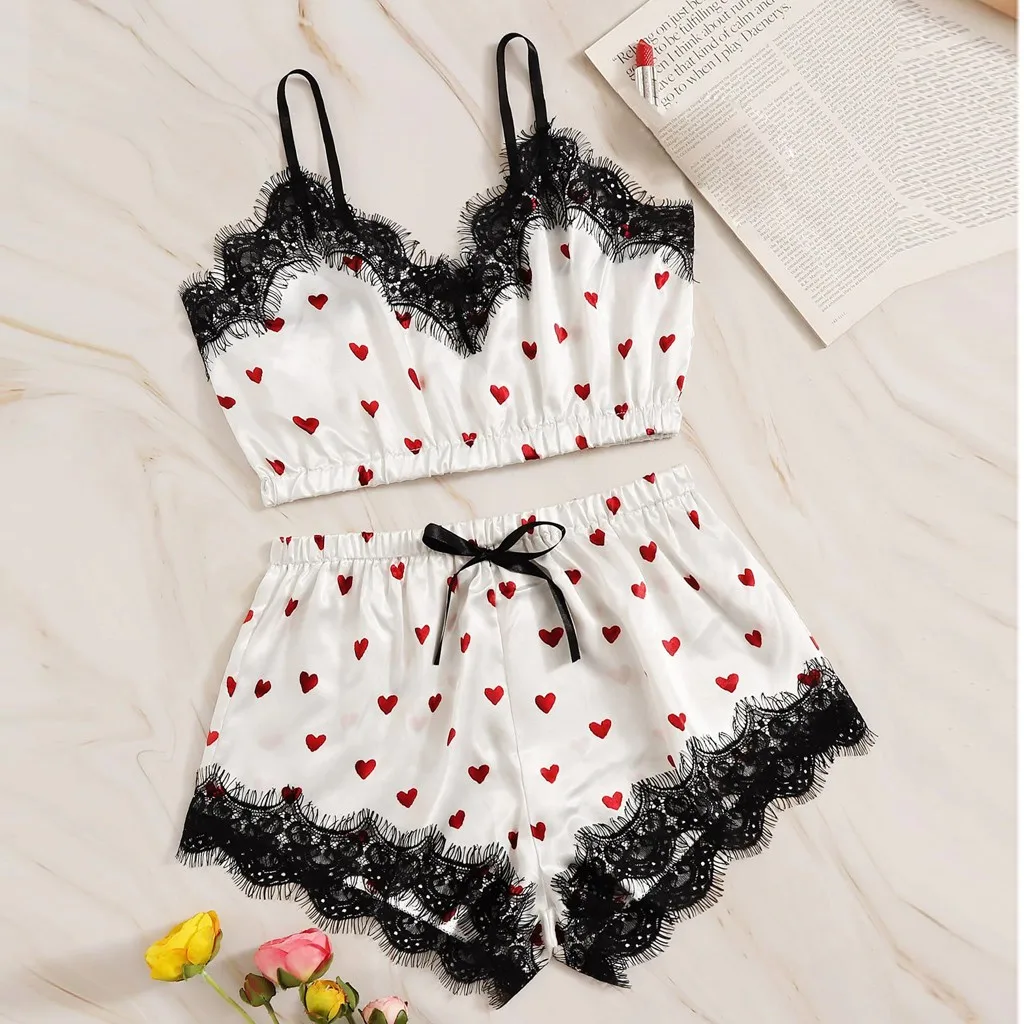 

Sexy Pink Cute Women's Bra Set Heart Print Pajama Set Soft Polyester Lingerie Lady Smooth Underwear Bra+Brief Set Lace Lingerie