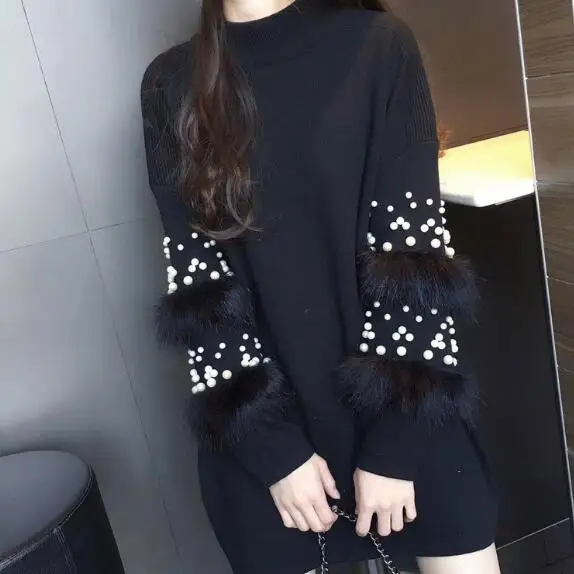 2020 осеннее меховое вязаное платье для беременных с жемчужными бусинами