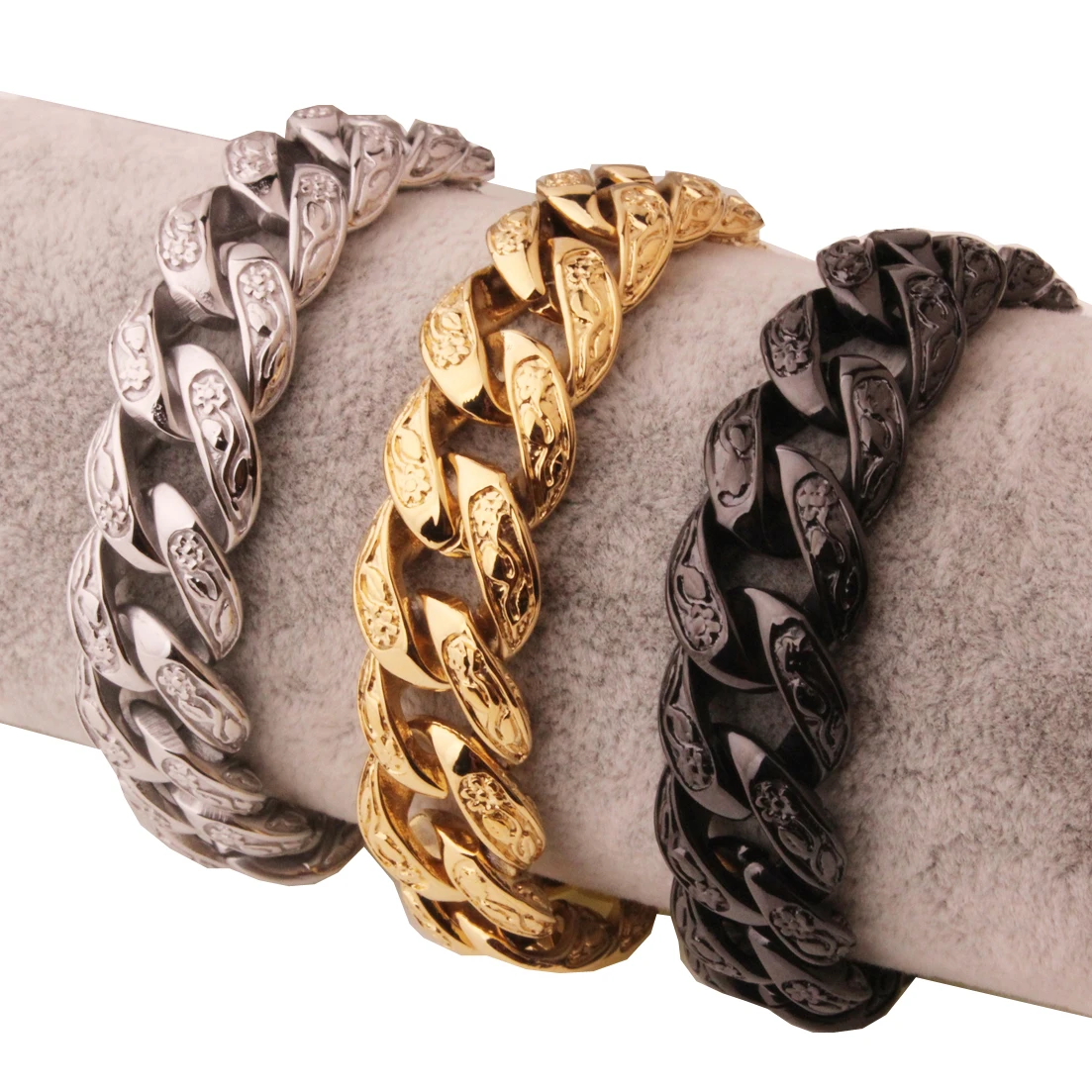 

Popular Biker Men's 15mm Wide 316L Stainless Steel Curb Cuban Link Chain Casting Bracelet Jewelry Flower Clasp