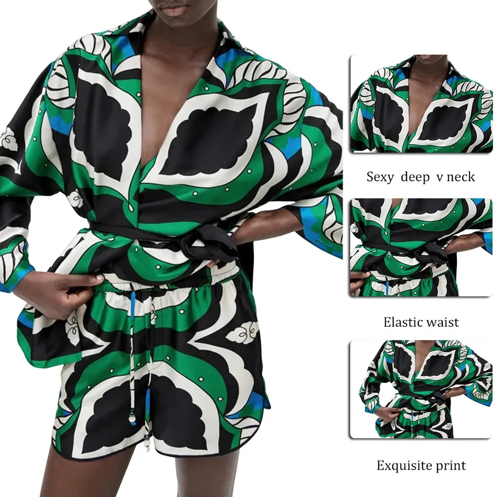 

Women Fashion With Belt Printed Wrap Kimono Blouses Vintage Three Quarter Sleeve Female Shirts Chic Tops