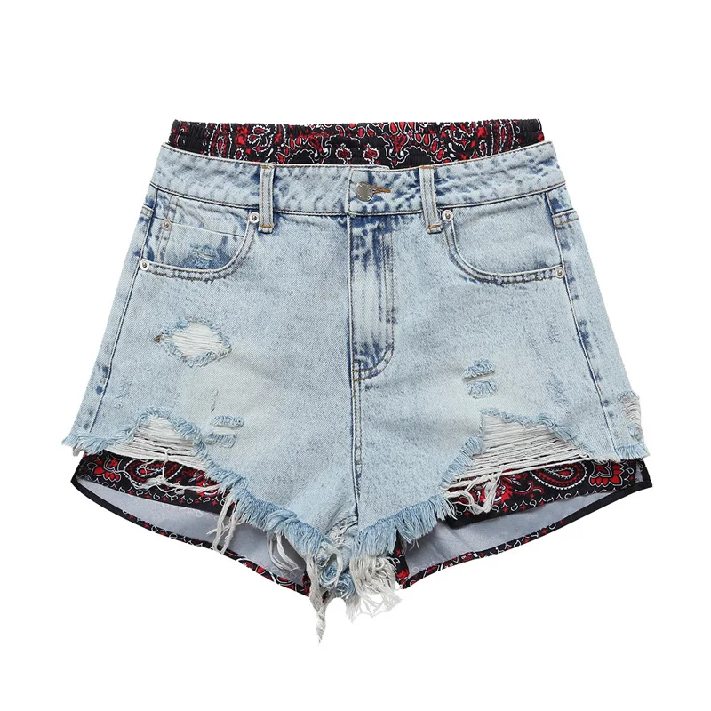 

[DEAT] Light Blue Pockets Floral Patchwork Jeans Leisure Button Tassel Fly Skinny Fake Two Piece Shorts 2021 Summer GX649