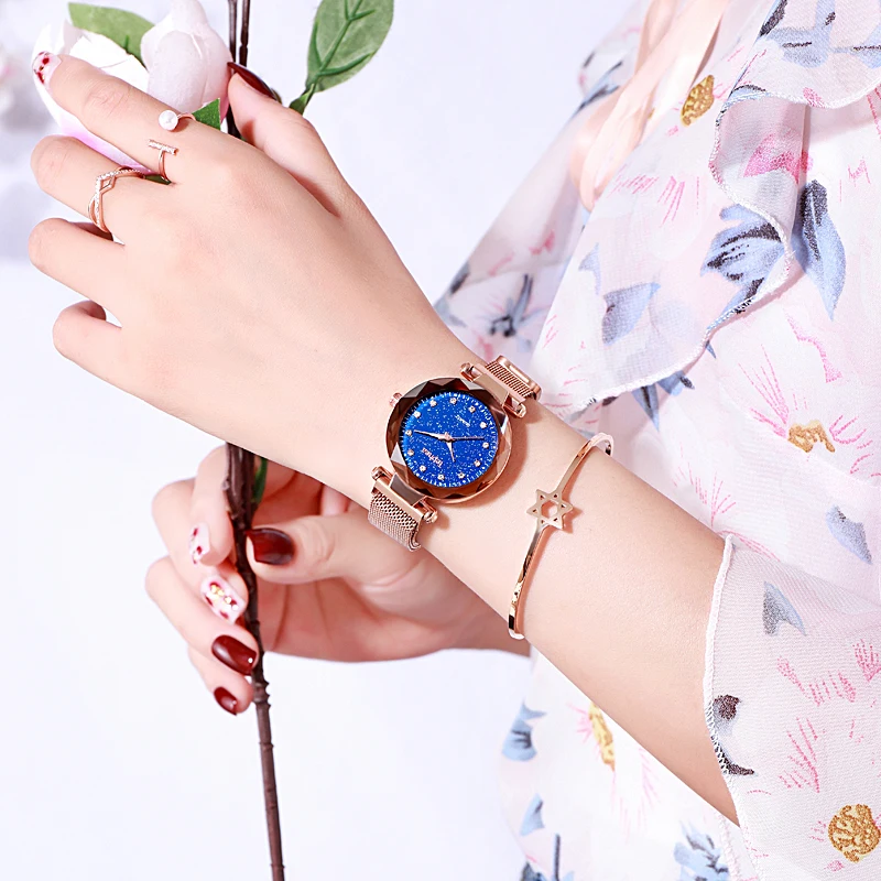 Роскошные женские наручные часы розового золота с магнитом звездного неба