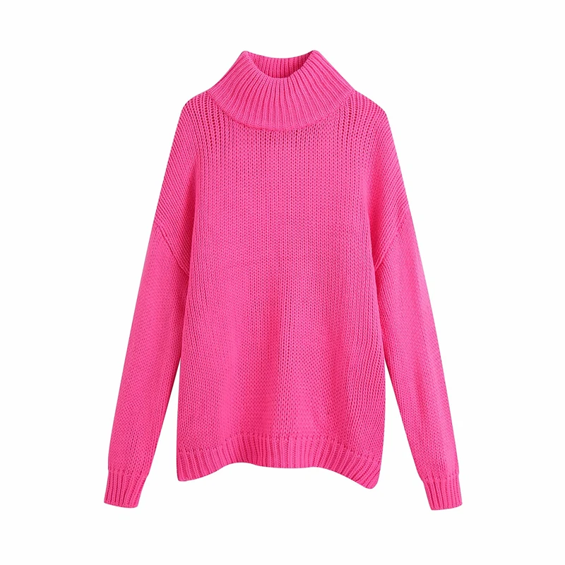 

ZXQJ Causal Women Solid Pink Sweaters 2021 Fashion Ladies Turtleneck Knitted Tops Streetwear Female Chic Thick Loose Pullovers