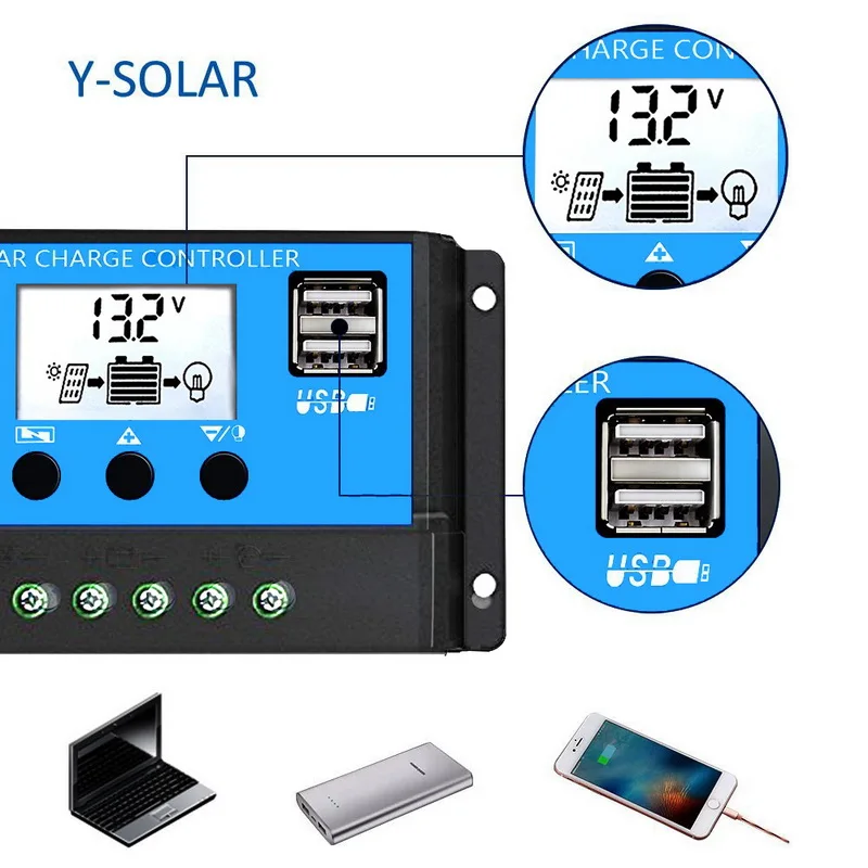Solar Charge Controller 12V/24V 10/20/30A Auto PWM 5V Panel Battery With Dual USB LCD Display | Обустройство дома
