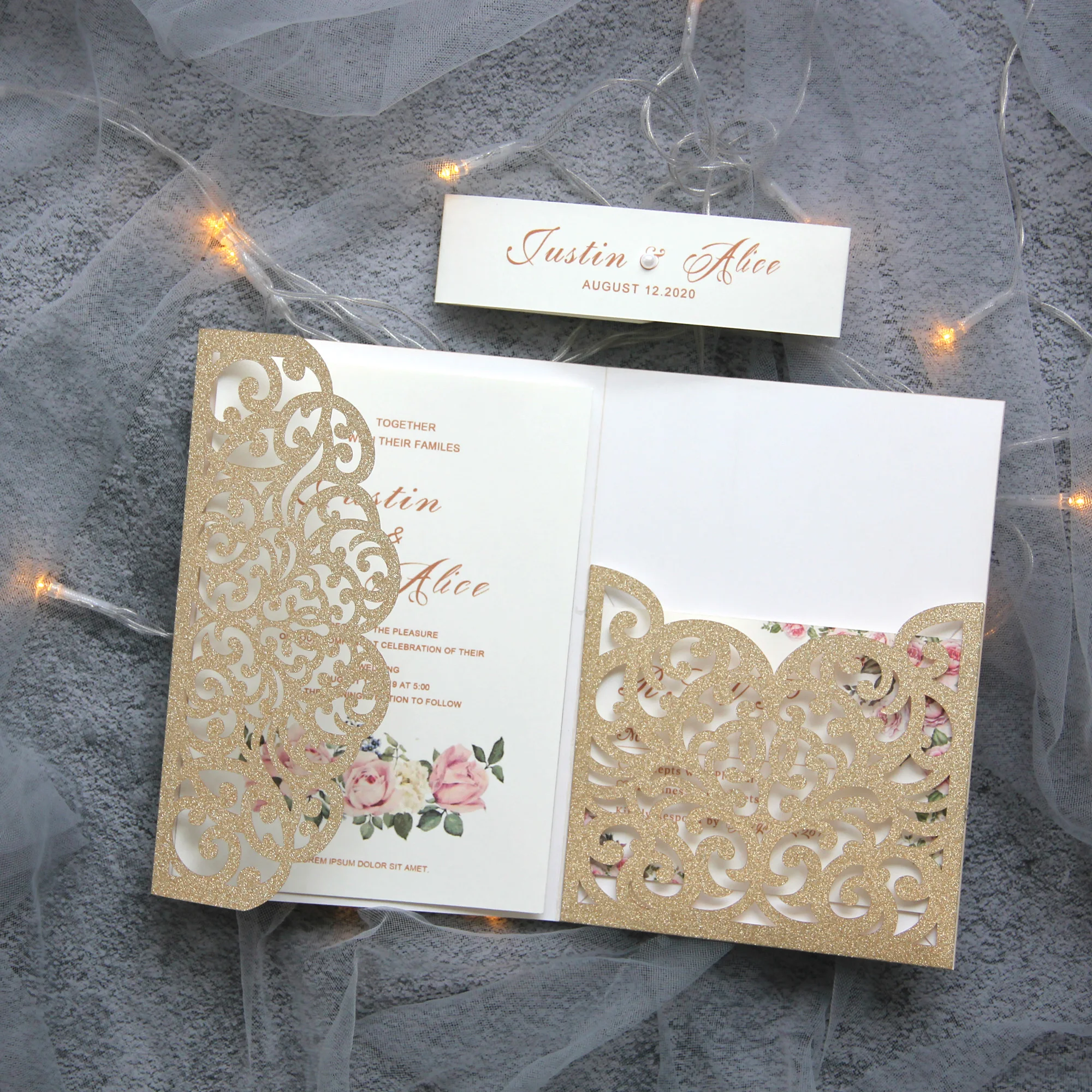 

50pcs/lot Luxury golden Laser Cut Wedding Invitations Cards set with RSVP envelop belly band tri-fold pocket invites