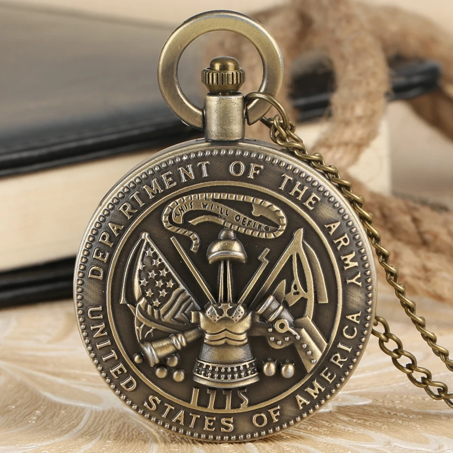 

Bronze The United State of America Department Of The Army Quartz Pocket Watch Retro Necklace Pendant Chain Clock for Men Women
