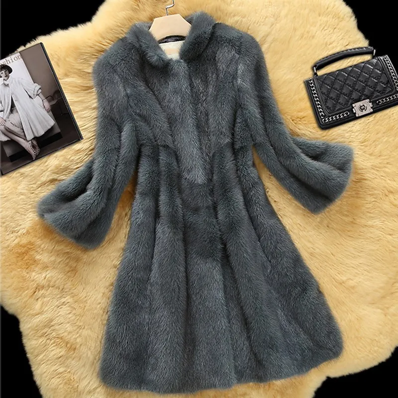 Luxury Top Brand Mink Fur Real Fur Womens Medium Length Overcoats Korean Stand Collar Nine Points Sleeve Female Outerwear Coats
