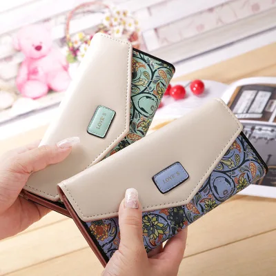 

Wristlet Fashion Envelope Women Wallet Hit Color 3Fold Flowers Printing PU Leather Wallet Long Ladies Clutch Coin Phone Purse