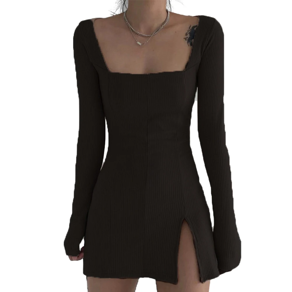 

Женское платье с длинным рукавом и квадратным воротником, модное однотонное платье с разрезом для женщин