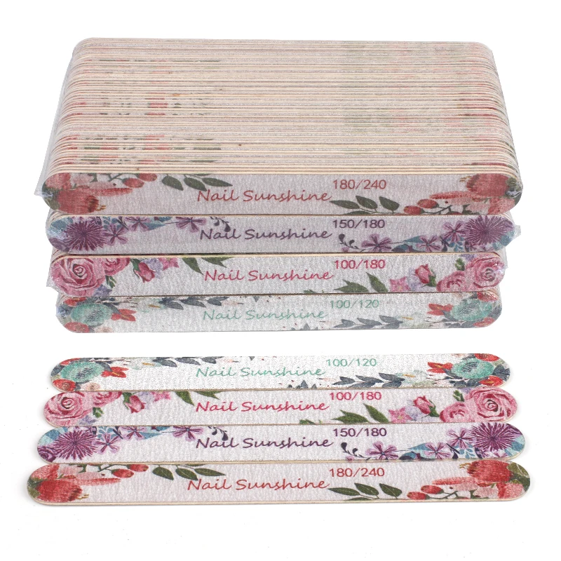 100pcs/Lot Straight Wooden Nail Files 100/180/240 Colorful Flower Printed Wood Stick Washable Sandpaper Buffer Emery Board | Красота и