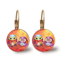 new owl earrings ladies glazed face brincos perola art picture dome round earrings jewelry holiday gift