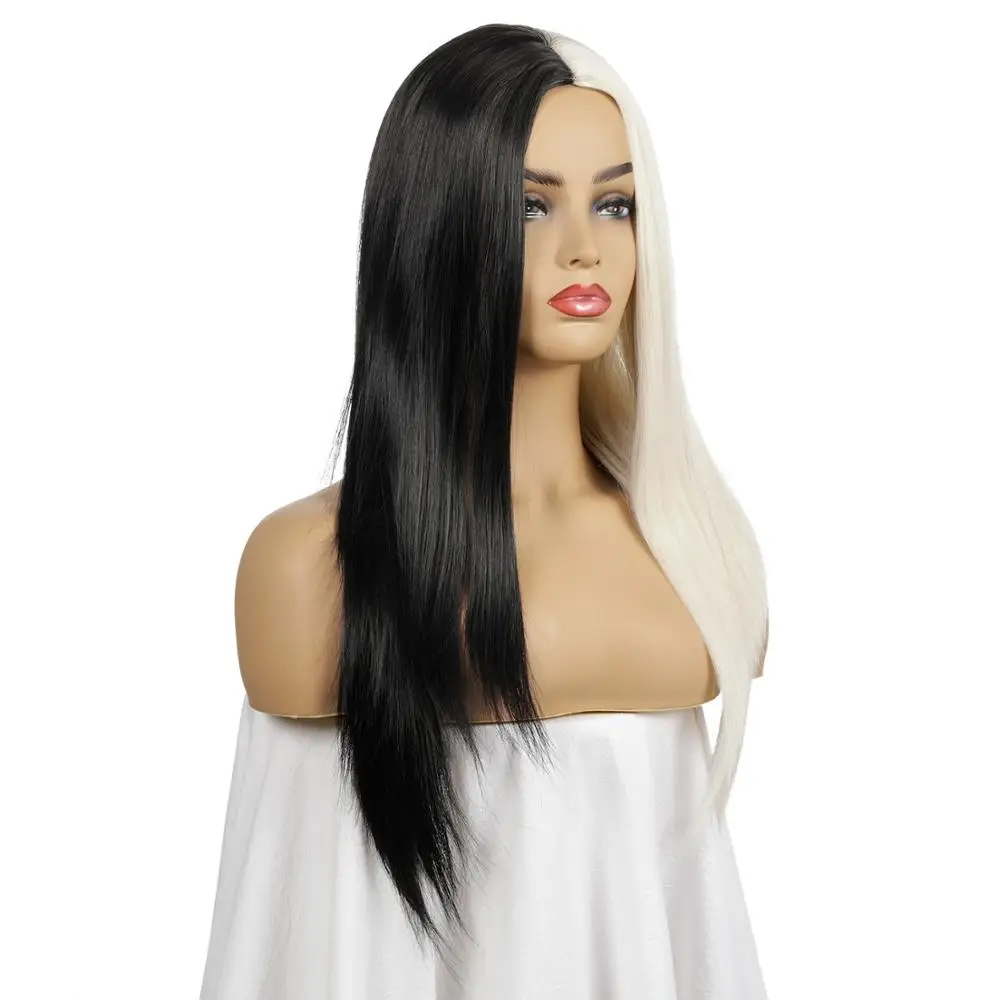 

Long Straight Wig for Woman Black and White Fashion Synthetic Wigs Heat Resistant Cosplay Party Wig