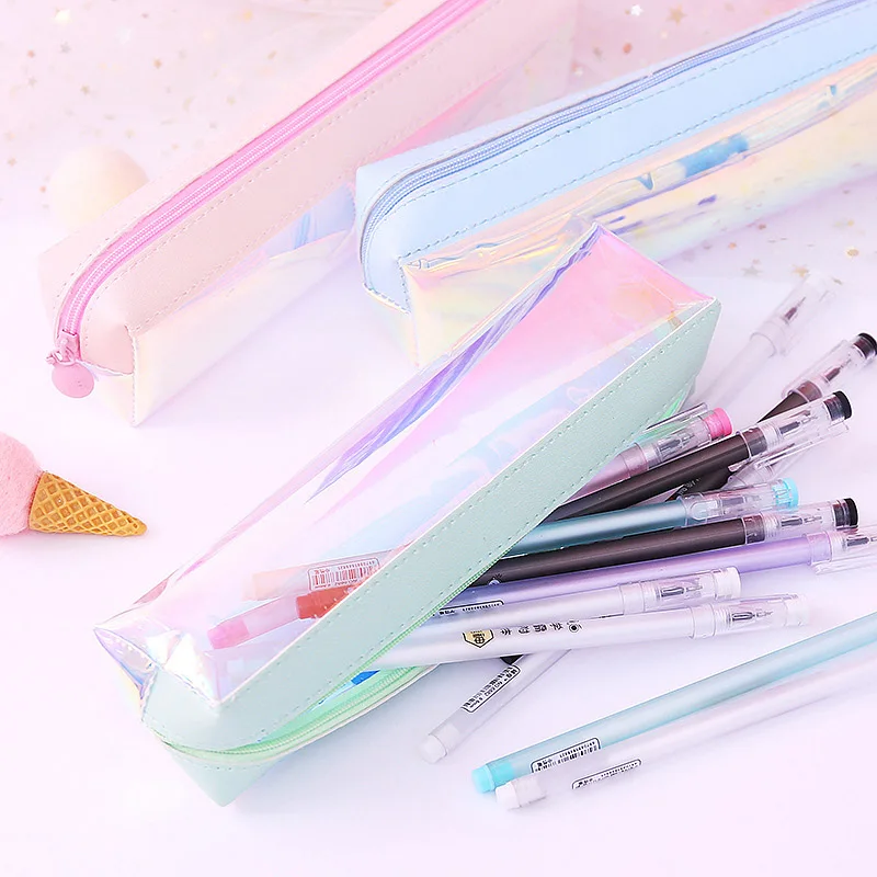 Glitter Pencil Case Creative Laser Transparent PVC Bag School Kawaii Pen For Girls Gift Stationery ChanceryEscolar | Канцтовары для