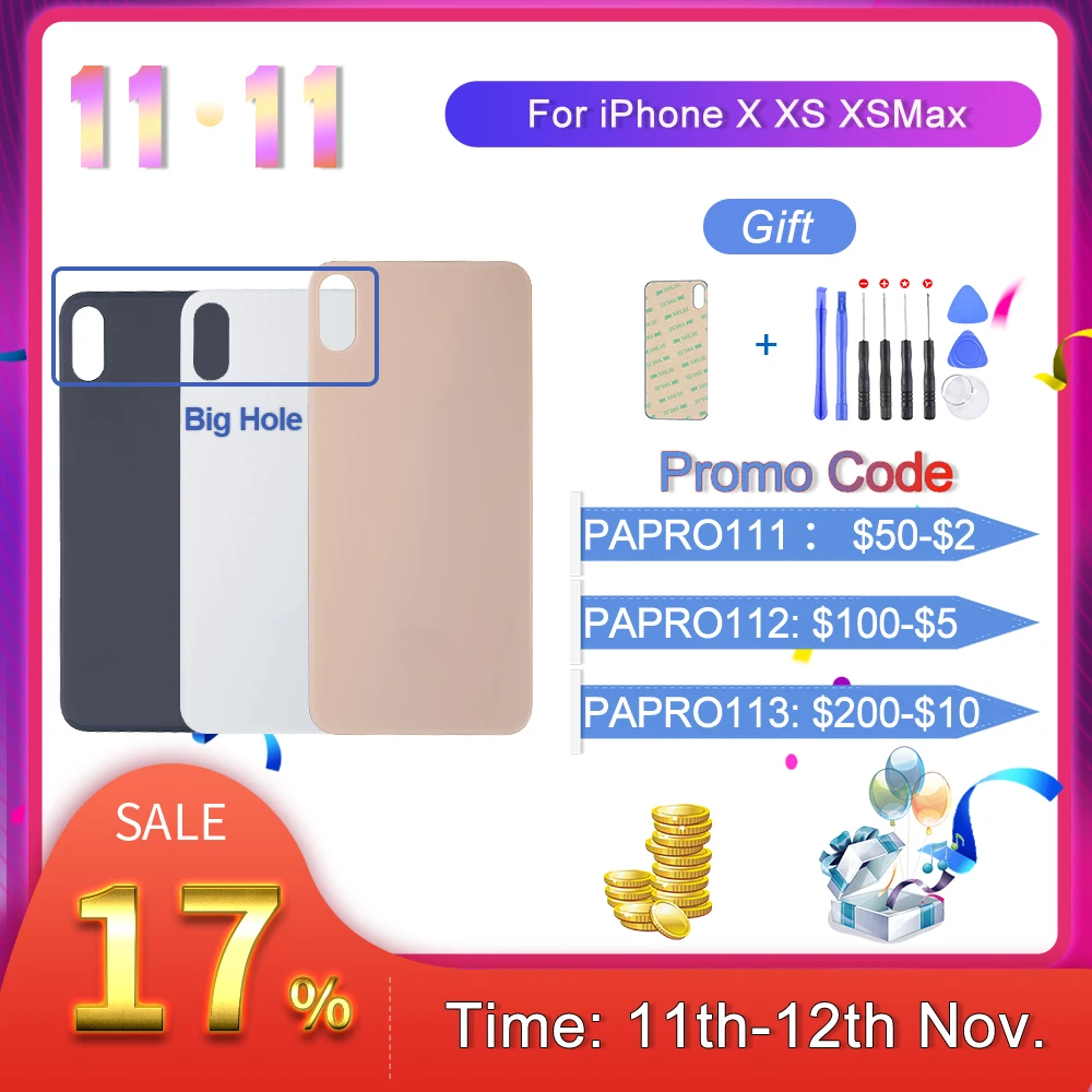 

100% Ori Back Glass Panel For iPhone X Battery Glass Cover Rear Door Housing Case For iPhone XS XR XSMAX Replacement Parts Gift