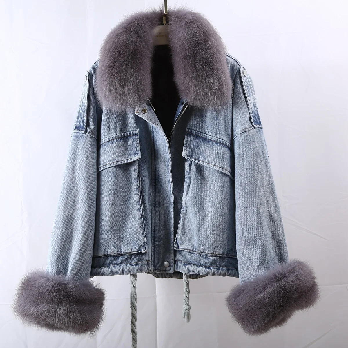 

rf2084 Real Fur Park Woman Real Fox Fur Cuffs and Collar Rex Rabbit Fur Lining Denim Jacket Natural Fur Jeans Coat