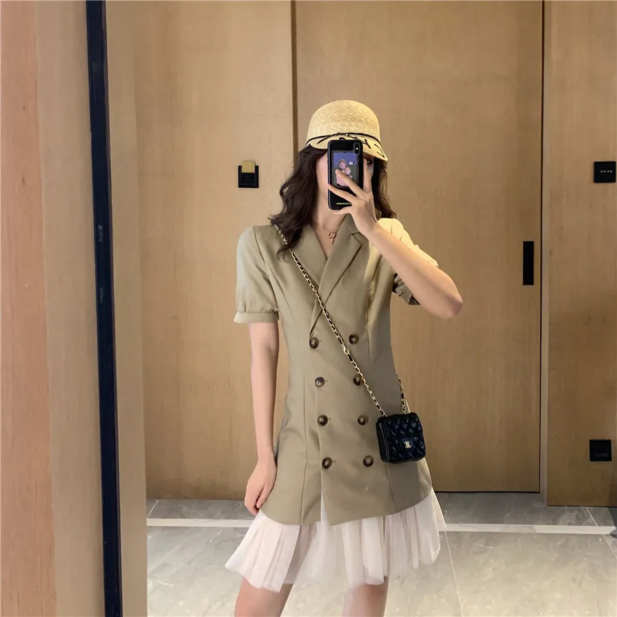 

Lace Small Suit Dress Coat Women's Clothing 2021 Spring and Summer New Elegant Double Breasted Short Sleeve A- line Skirt