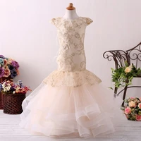 mermaid flower girl dress tulle lace appliques with 3d flowes little bride gown cap sleeves feather pageant dress for kids