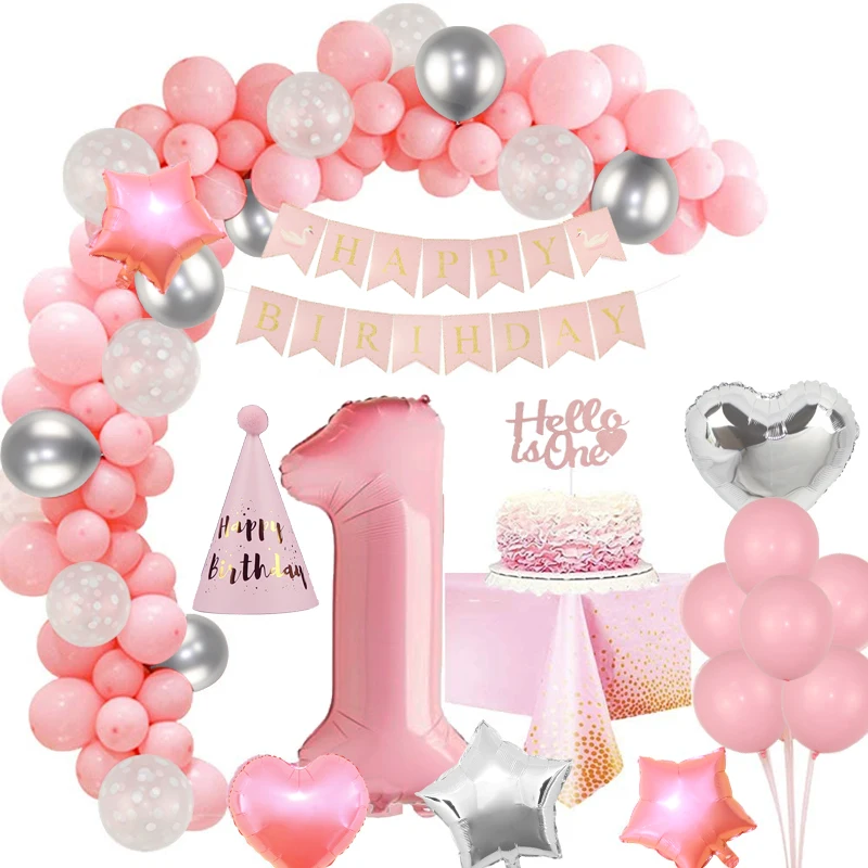 

44Pcs/Set Pink First Birthday Girl Party Balloon Garland Banner Cake Topper Tablecloth Hat 1st Birthday Decoration For Baby Girl
