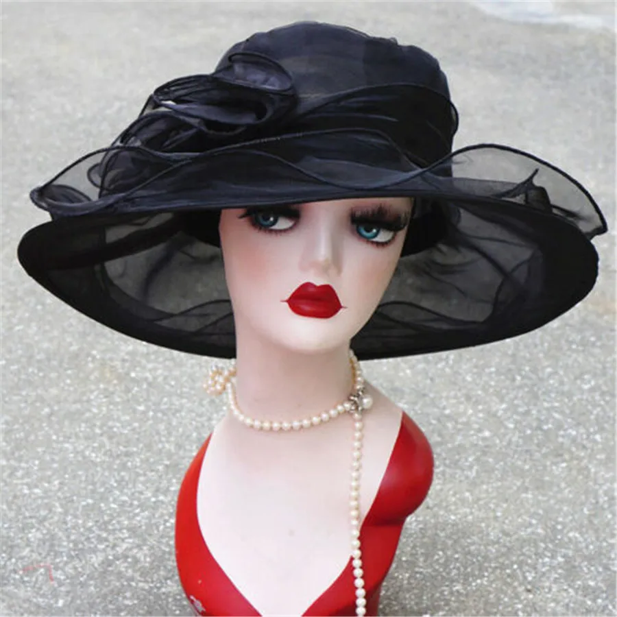 

2019 Newest Hot Fashion 1Pcs Mesh Ruffles Flower Women Kentucky Derby Wide Brim Wedding Church Occasional Organza Sun Hat