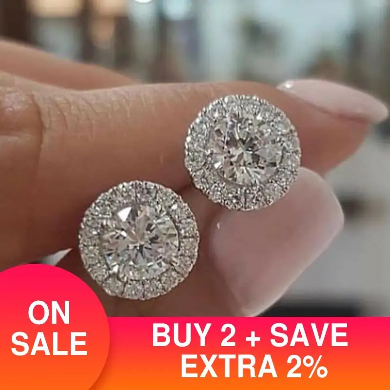 

2pcs Pack 925 Sterling Silver Jewelry Set Halo Engagement Ring Round Stud Earring For Wedding Gift Party Wholesale J5570