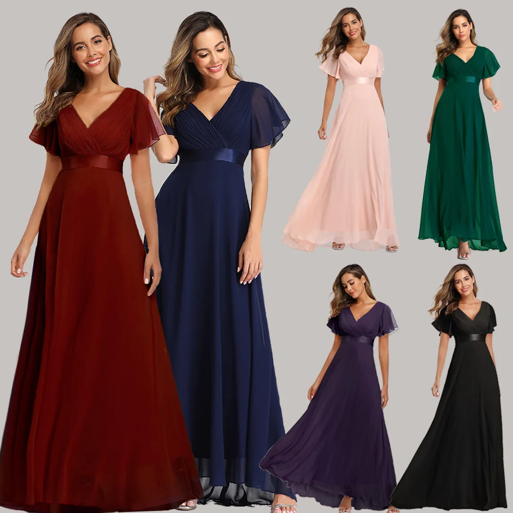 

2021 Spring And Summer Hand-folded Big Swing V-neck Dress Chiffon Elastic Banquet Elegant Bridesmaid Evening Dress Female