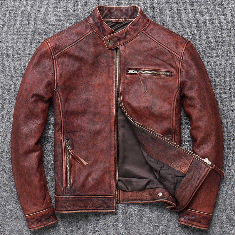 

YR!2020 new arrival.Brown vintage cowhide jacket,new arrival slim leather coat.Man vintage genuine leather clothes.wholesales