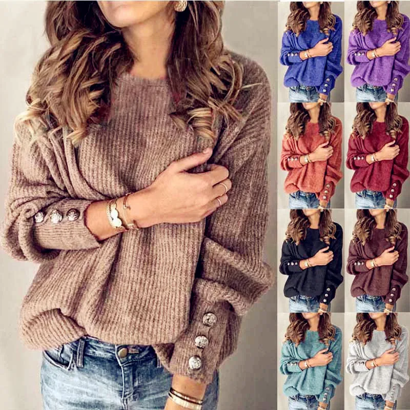 New Winter Pullover Sweater Women Knitted Tops Button Boho Plus Size Casual Long Sleeve Pull Female Solid Sweaters Pullovers | Женская