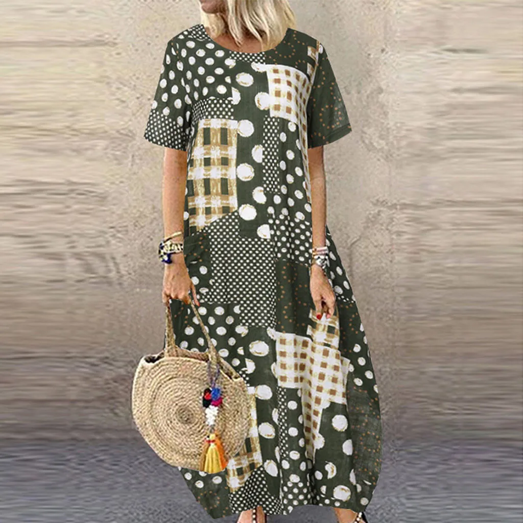 Woman Dress Summer O-neck Short Sleeve Print Casual Loose Maxi Flowy Comfy Robe Ete Femme Dresses For Women Dames Jurken | Женская