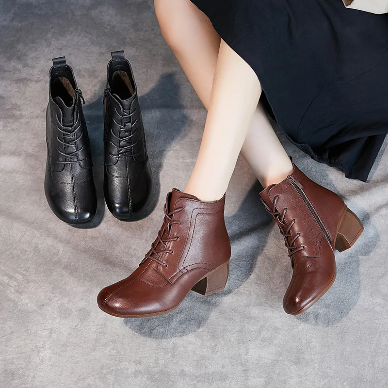 

New Women's Leather Ankle Boots, Retro High-heeled Round-toe Women's Boots, Ethnic Style Thick Heel Leather Women's Shoes