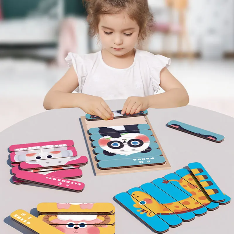 

Kids Animal Montessori Puzzle 3D Double-sided Stripe Child Puzzle Wooden Toys Tell Story Educational Wooden Puzzles For Kids