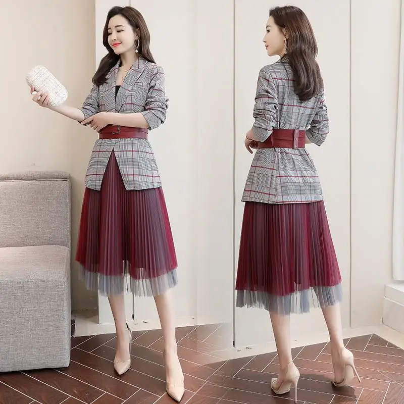 2019 Женский клетчатый Блейзер сетчатая юбка в складку костюм офисная одежда