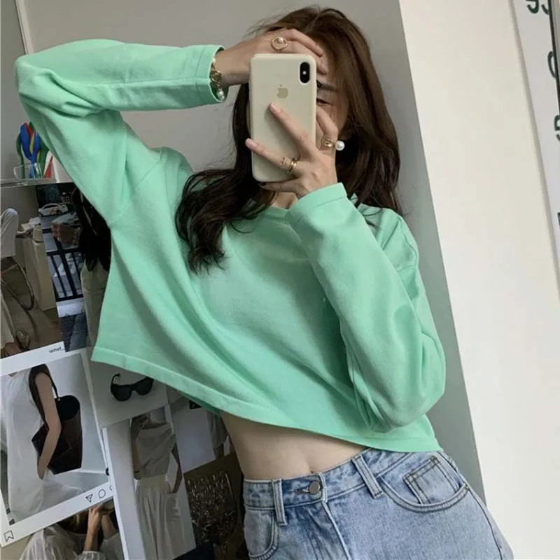 Candy Colors Loose Long Sleeve T-shirts Women Spring Daily Student All-match Casual Streetwear Short Style Tops Basic Undershirt images - 6