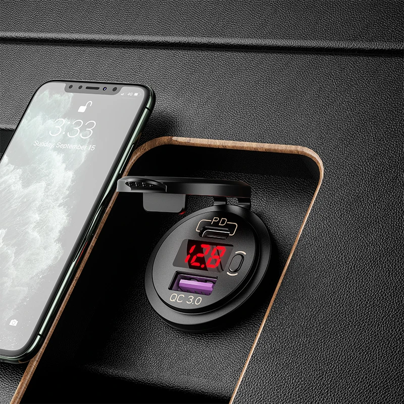 PD Type C USB автомобильное зарядное устройство с переключателем QC 3.0, быстрая водонепроницаемая доставка мощностью 36 Вт, вольтметр с предохранителем 10A и кабелем длиной 60 см.
