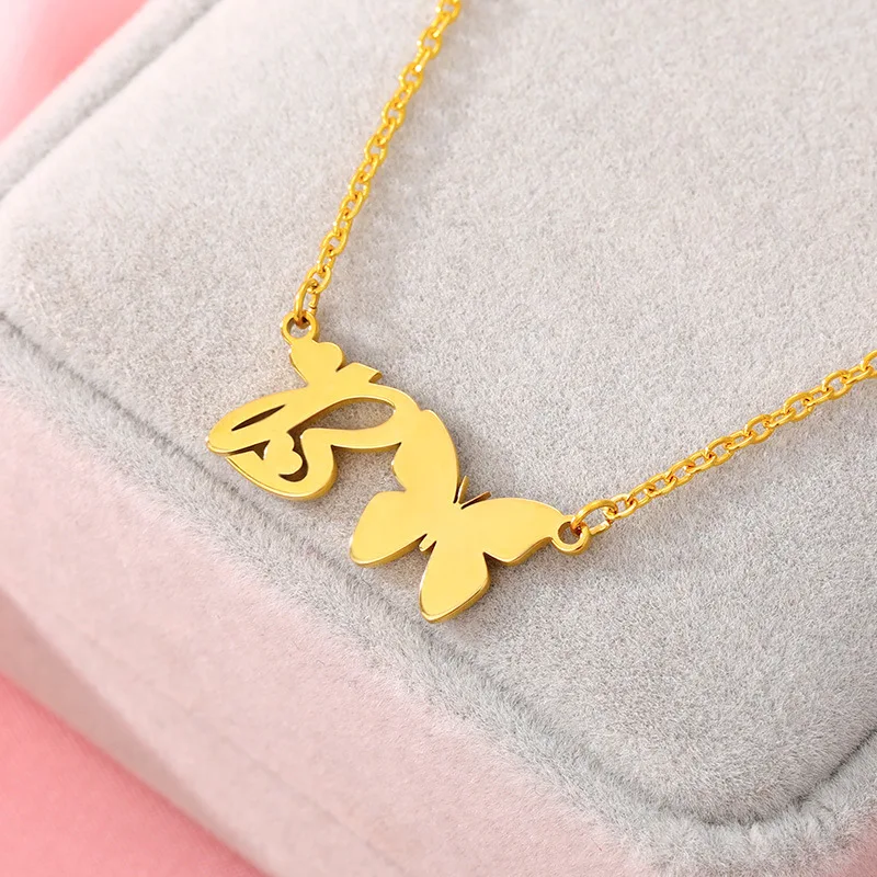 

A-Z Initial Necklace With Butterfly For Women Stainless Steel Gold Letters Butterfly Necklace Femme Best Friend Jewelry BFF Gift