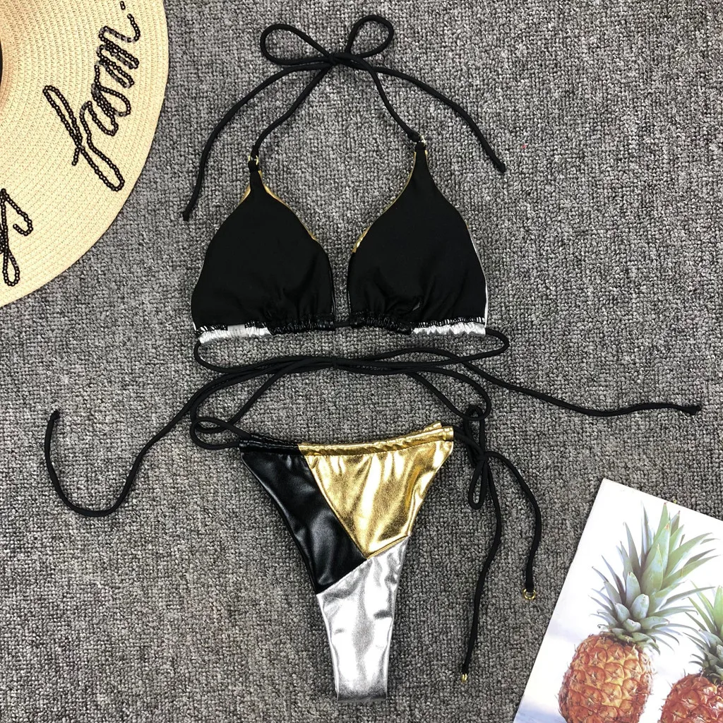 

Strap Bandage Bikini Women Leather Push-Up Padded Bra Swim Bikini Set Mujer 2020 Swimsuit Summer Swimwear High Waist Biquini