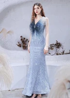 elegant blue gradient evening dresses mermaid strapless starry sequin bow shiny sweep train formal party celebrity prom dresses