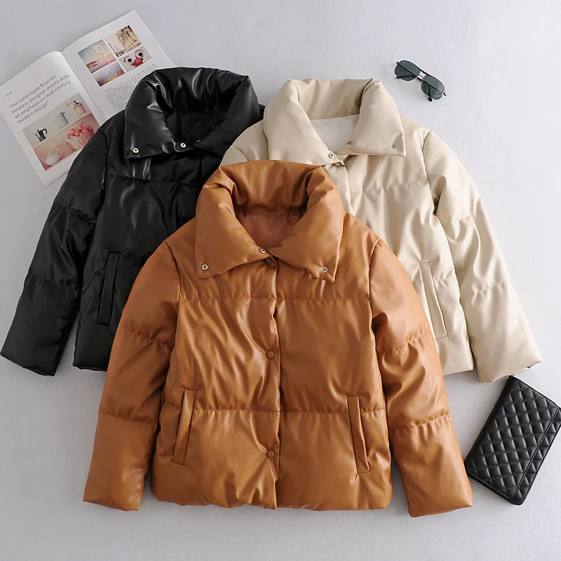 

Women Leather Parkas Fashion High Street Solid Coats Elegant Winter Thick Cotton Jackets Loose Outerwear