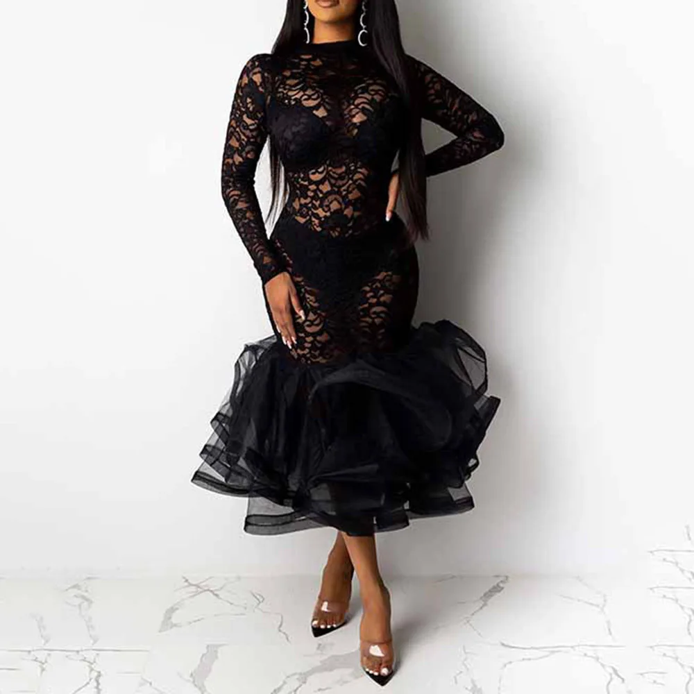 Сексуальное открытое женское платье русалки 2020 черное размера плюс кружевное